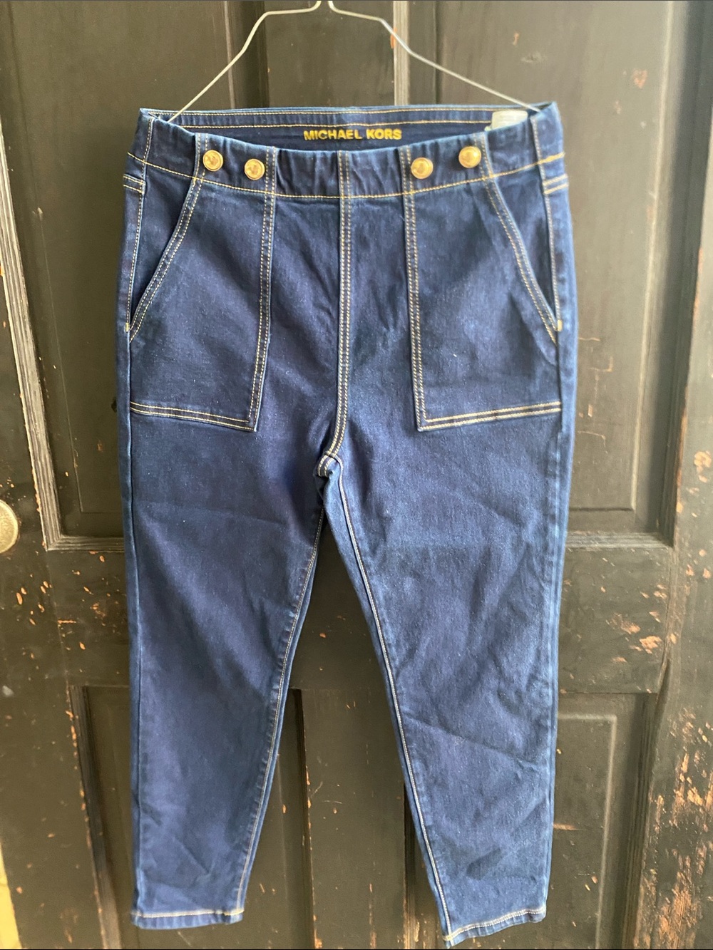 Michael Kors Dark Navy Cropped High-Rise Jeans with Gold Buttons